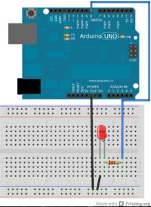 Abbildung 2: Das Diagramm des benötigten Schaltkreises. Es wurde mit dem Programm Fritzing erstellt, das sich speziell für Arduino-Entwürfe gut eignet.