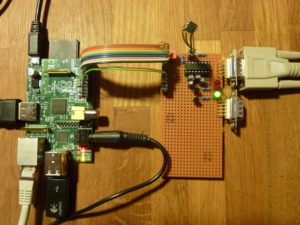Abbildung 3: Der Raspberry Pi mit Expansions-Board als Temperaturwächter – hier bei einer Temperatur von unter 22 Grad Celsius. Das Sensor-IC LM75 ragt an vier Drähten über das Board hinaus. Bei dem DIL-IC mit 16 Pins handelt es sich um den RS232-Pegelwandler MAX3232CPE.