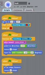 Abbildung 3: Das Skript für das Ball-Sprite im Scratch-Spiel Pong.