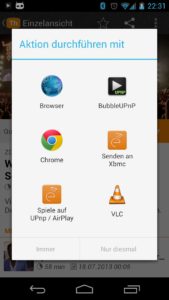 Abbildung 8: BubbleUPnP und Yatse erscheinen im Menü Teilen beim Öffnen von Videostreams.