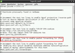 Abbildung 4: In der Datei »/etc/sysctl.conf« müssen Sie ein Kommentarzeichen entfernen, um das IP-Forwarding zu aktivieren.