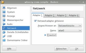 Abbildung 1: Damit die virtuelle Maschine mit dem Netz kommuniziert, gilt es, in Virtualbox die korrekte Netzwerkschnittstelle einzustellen.