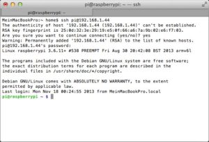 Abbildung 3: Mit dem Programm Terminal greifen Sie als Mac-User über eine sichere Verbindung auf den RasPi zu.