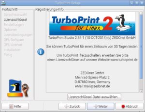 Abbildung 1: Das Installationsprogramm von Turboprint fragt die notwendigen Parameter ab, darunter den Lizenzschlüssel. Testen Sie die Software, brauchen Sie den Schlüssel nicht einzugeben.