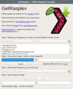 Abbildung 5: GetRasplex lädt RasPlex aus dem Internet und installiert die Software ohne Umwege direkt auf einer in den Rechner eingelegten Speicherkarte.