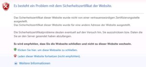 Abbildung 3: Auf ein selbst ausgestelltes Zertifikat reagieren Webbrowser, wie hier Microsofts Internet Explorer, leicht allergisch.