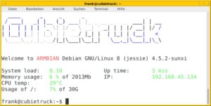 Abbildung 4: Der Willkommensbildschirm des Cubietruck im Terminal nach einem SSH-Login.