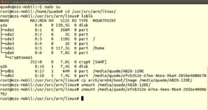 Abbildung 4: Hier hat Ubuntu die Micro-SD-Karte eingehängt. Der »cp«-Befehl kopiert lediglich den selbst übersetzten Kernel als Datei »Image« auf die Boot-Partition. Dann kann man die Boot- und Root-Partitionen wieder aushängen.