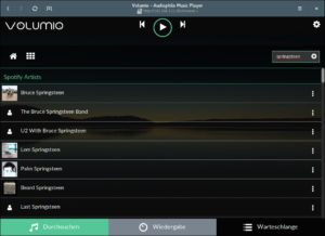 Abbildung 7: Volumio integriert Spotify nahtlos in das System. Allerdings gelingt diese Verknüpfung nur mit der Weboberfläche.