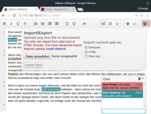 Abbildung 2: Das Bearbeitungsfenster von Etherpad Lite mit zwei Nutzern und Chat.