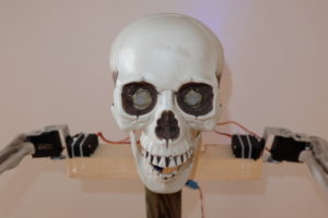 Abbildung 5: Der Kopf mit eingeklebten LEDs. Der Unterkiefer beherbergt einen kleinen Motor als Schließmechanismus.