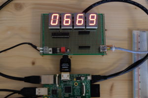 Abbildung 2: Der Countdown-Zähler auf einer Europlatine; unten der Raspberry Pi.