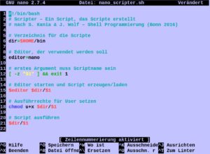 Abbildung 2: Wenn Sie mit dem Editor Nano Quellcode bearbeiten, ist dieser bei bestimmten Sprachen in der Lage, die Schlüsselwörter farbig anzuzeigen.