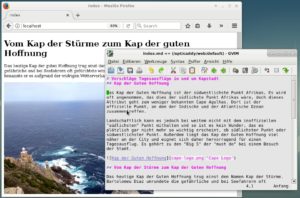 Abbildung 4: Der Texteditor zeigt den Quelltext der Datei »index.md« in Markdown, dahinter sehen Sie das Browserfenster mit dem daraus gerenderten Text.