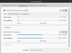 Abbildung 3: Bei aktiviertem DLNA/UPnP-Streaming erscheint ein neues virtuelles Ausgabegerät im PulseAudio-Lautstärkeregler.