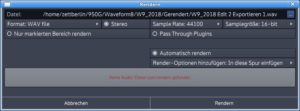 Abbildung 8: Waveform merkt sich die Option »Pass Through Plugins« für alle Render-Vorgänge. Behalten Sie diesen Punkt im Auge, wenn Sie ihn beim Rendern von reinen Audiospuren deaktivieren möchten.