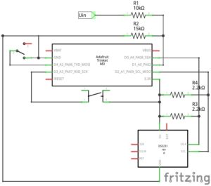 Abbildung 3: Mit einer zus&auml;tzlichen Schaltung erweitern Sie den Bereich f&uuml;r die Spannungsmessung am Trinket&nbsp;M0, der sich von Haus aus nur f&uuml;r Spannungen bis 3,3&nbsp;Volt eignet.