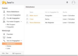 Abbildung 6: Freigegebene Bibliotheken zeigt Seafile mit den zugewiesenen Rechten an.