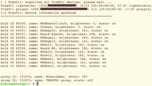 Abbildung 6: Den Status der Trådfri-Leuchten zeigt die Ausgabe des Kommandos <code>tradfri-status.py</code>.