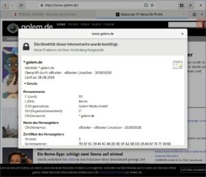Abbildung 7: Zum Filtern von Anzeigen und Trackern aus per HTTPS verschl&uuml;sselt &uuml;bertragenen Webseiten klinkt sich der eBlocker mit eigenen Zertifikaten in die Verbindung ein.