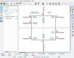 Abbildung 7: Das Zeichnen eines Rechtecks und Platzieren von acht Pins gen&uuml;gt, um der KiCad-Symbolbibliothek das nicht mitgelieferte IC&nbsp;LM3404 hinzuzuf&uuml;gen.