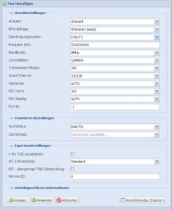 Abbildung 3: Für jedes der drei Bouquets der öffentlich-rechtlichen Sender müssen Sie den DVB-T2-Sendeparameter-Dialog von Tvheadend gesondert ausfüllen.