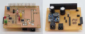 Abbildung 5: Das Bild zeigt links die Oberseite und rechts die Unterseite der Mikrocontroller-Platine, die Sie mit der GPIO-Buchse auf den RasPi stecken.