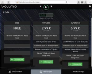 Abbildung 7: Mit dem kostenpflichtigen MyVolumio-Abo l&auml;sst sich Volumio &uuml;ber das Internet steuern. Zudem schaltet das Abo weitere Funktionen frei.