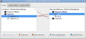 Abbildung 4: Im grafischen Tool Qjackctl verbinden Sie die Eing&auml;nge des Audio-Interfaces (<span class="ui-element">capture</span>) mit SuperCollider.
