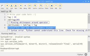 Abbildung 1: Im Modus <span class="ui-element">Python3</span> bietet Mu eine Syntaxpr&uuml;fung an.