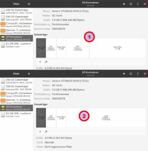 Abbildung 3: Mit der Option <code>--resize</code> erweitert PiFlash nach dem Schreiben des Images die Datenpartition auf den gesamten zur Verf&uuml;gung stehenden Speicherplatz des Datentr&auml;gers (1 *ohne Resize, 2 *mit Resize).