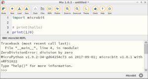 Abbildung 2: Ein MicroPython-Programm mit Laufzeitfehlermeldung im Mu-Editor.