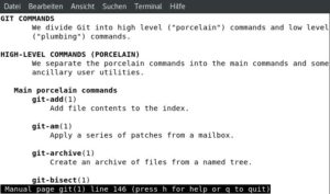 Abbildung 4: Das Handbuch <code>man git</code> vermittelt einen schnellen Überblick über den Einsatz des VCS. Weitere Handbücher geben einen Einblick in den Ablauf eines Projekts mit Git.