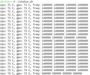 Abbildung 4: Das Skript <code>status.sh</code> gibt laufend die an der CPU gemessenen Temperaturen (hier in einem Gehäuse) auf dem Bildschirm aus.