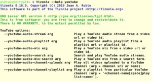 Abbildung 3: Für Youtube benötigt Tizonia keine Konfiguration und bietet Parameter, um per URL, Playlist, Audiomix oder eine Suche per Kanal auf Inhalte zuzugreifen.