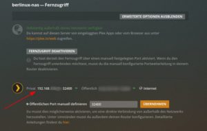 Abbildung 9: Die benötigte URL des Plex-Servers finden Sie in Ihrem Router oder in den Einstellungen der Plex-Webapp unter der Rubrik <span class="ui-element">Fernzugriff</span>.