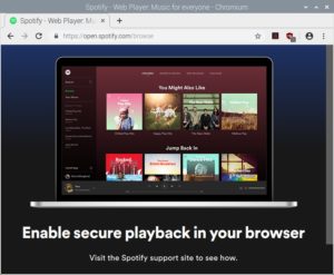 Abbildung 1: Auf dem Raspberry Pi aufgerufen, meldet die Webseite von Spotify, dass dem Chromium-Browser des Raspbian-Systems die nötigen DRM-Funktionen fehlen.
