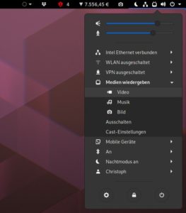 Abbildung 2: Über das im Panel integrierte Gnome-Menü lassen sich dann mit Cast to TV Bilder, Musik oder Videos auf Chromecast-kompatible Geräte streamen. Dazu gehören der Chromecast-Dongle selbst oder auch mit Android TV ausgestattete Fernseher.