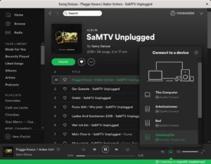 Abbildung 2: Raspotify lässt sich direkt aus der offiziellen Spotify-Anwendung heraus ansteuern. In der Liste der mit Spotify-Connect verbundenen Geräte erscheint der Spotify-RasPi als <span class="ui-element">raspotify (<Rechnername>)</span>.