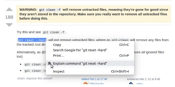 Abbildung 2: Die bald erscheinende Browser-Erweiterung von Kmdr-CLI ermöglicht über das Kontextmenü das Überprüfen von Befehlen, die Sie auf Webseiten markieren.