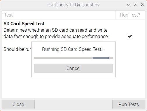 Abbildung 4: Raspberry Pi Diagnostics soll einmal zu einer Diagnosesuite ausgebaut werden. Bislang beschränkt sich das Werkzeug auf einen Test der Speicherkarte.