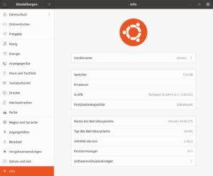 Abbildung 7: Die Info in den Gnome-Settings zeigt ein aktuelles Gnome 3.36.2 an. Prozessor und Festplattengröße des RasPi werden allerdings nicht erkannt.