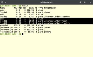 Abbildung 1: Mit dem Kommando <code>lsblk</code> ermitteln Sie unter Linux die Geräte-ID der Speicherkarte, auf die Sie das Arch-System für den Raspberry Pi installieren.