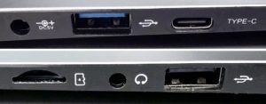 Abbildung 2: Die Schnittstellenausstattung des Pinebook Pro. Auf der linken Ger&auml;teseite finden sich die Stromversorgung sowie je ein USB-3- und USB-C-Anschluss (oben). Auf der rechten Seite finden ein Steckplatz f&uuml;r eine SD-Karte sowie die Kopfh&ouml;rerbuchse und eine USB-2-Port Platz.
