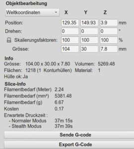 Abbildung 6: Ein zusätzlicher Sendeknopf erlaubt es, G-Code aus dem Slicer für den Prusa i3 MKS direkt an den Octoprint-Host zu schicken.