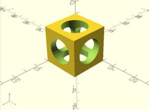 Abbildung 7: Alle Objekte befinden sich nun am richtigen Platz, der ausgeh&ouml;hlte W&uuml;rfel ist bereit f&uuml;r den 3D-Druck.