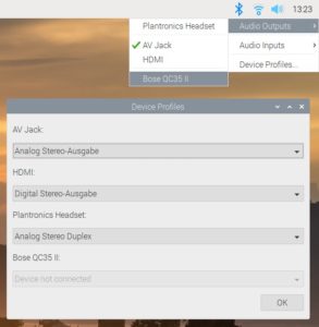 Abbildung 1: Pulseaudio ermöglicht nicht nur das Abspielen von Ton aus mehreren Anwendungen, sondern erleichtert auch die Integration von Bluetooth-Lautsprechern und -Kopfhörern.
