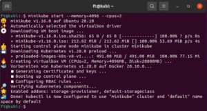 Abbildung 2: Um genügend Ressourcen bereitzustellen, geben Sie beim ersten Start von Minikube möglichst viel RAM und CPU-Kerne an. Die Emojis im Gnome-Terminal stammen vom <span class="ui-element">fonts-noto-color-emoji</span>.