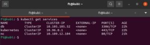 Abbildung 8: Die IP-Adresse zum Starten der Nextcloud erhalten Sie mit dem Befehl <code>kubectl get services</code>. Hier steht die IP-Adresse hinter dem gewünschten Dienst, in unserem Fall <code>nc</code> für Nextcloud.
