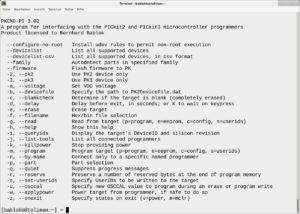 Abbildung 2: Mit dem Kommando <code>pkcmd-pi -h</code> erhalten Sie zum Einstieg eine &Uuml;bersicht aller wichtigen Optionen des Flash-Werkzeugs.